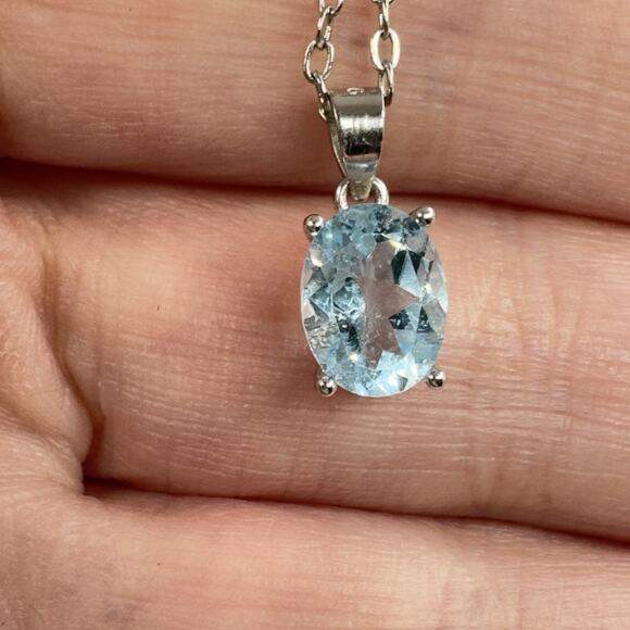 Sterling Silver Blue Topaz Pendant Necklace Feminine Dainty Plated Brass Chain - Picture 3 of 9